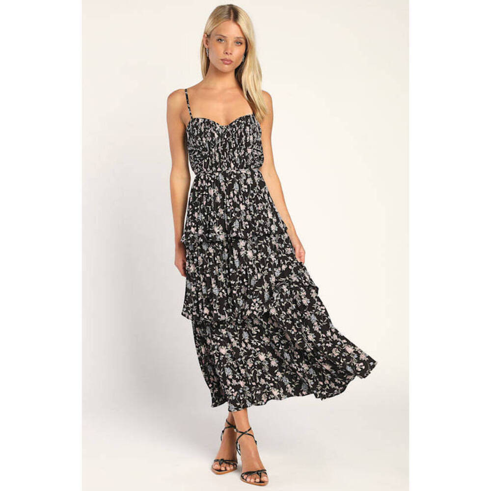Lulus Cascading Crush Black Floral Print Tiered Bustier Midi Dress - Size L